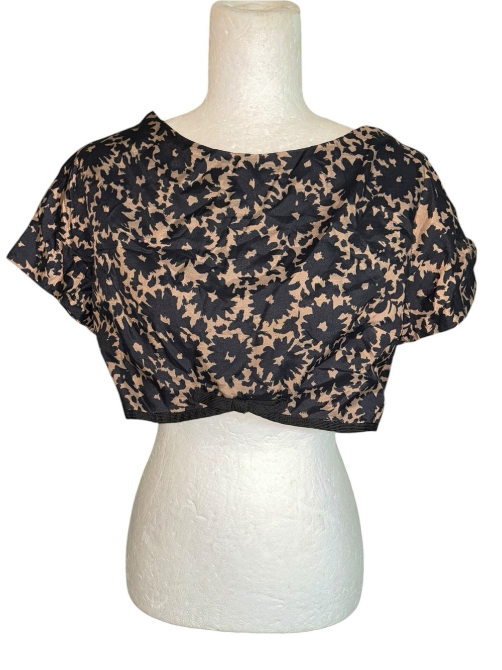 Jonathan Logan Vintage 1940s 50s Brown Black Floral Print Bow Detail Crop Top XS